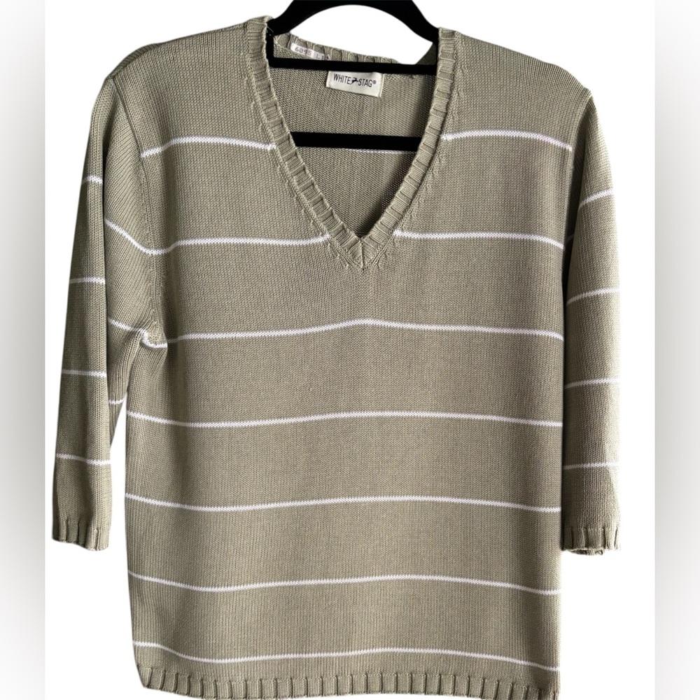 Women's v-neck White Stag sweater in light sage green with white stripes.